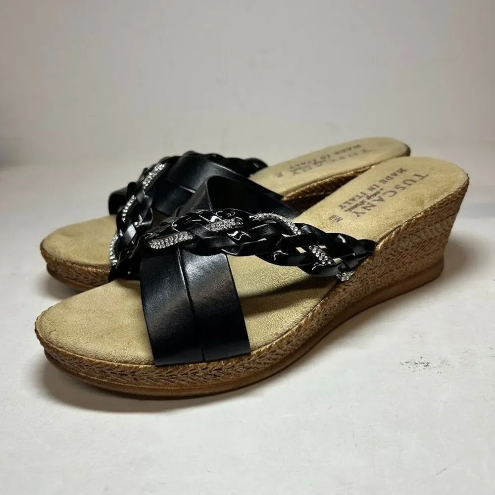 Easy Street Womens 8 W Black Patent Gessica Faux Leather Wedge Sandals NIB KS4